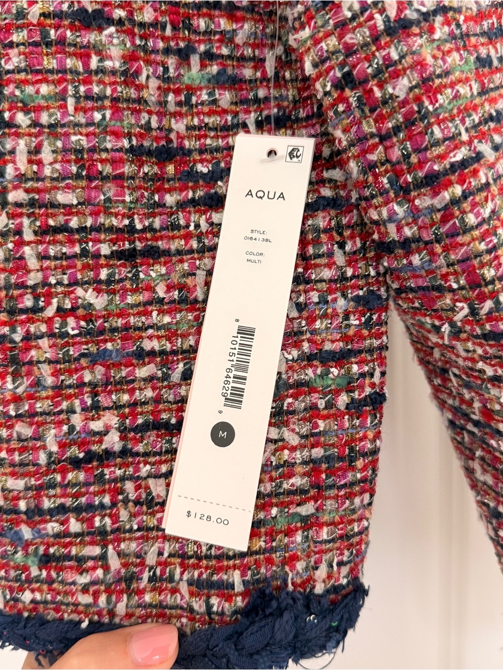 Aqua Multi-Pink Tweed Crop Jacket with Navy Trim - Picture 4 of 5
